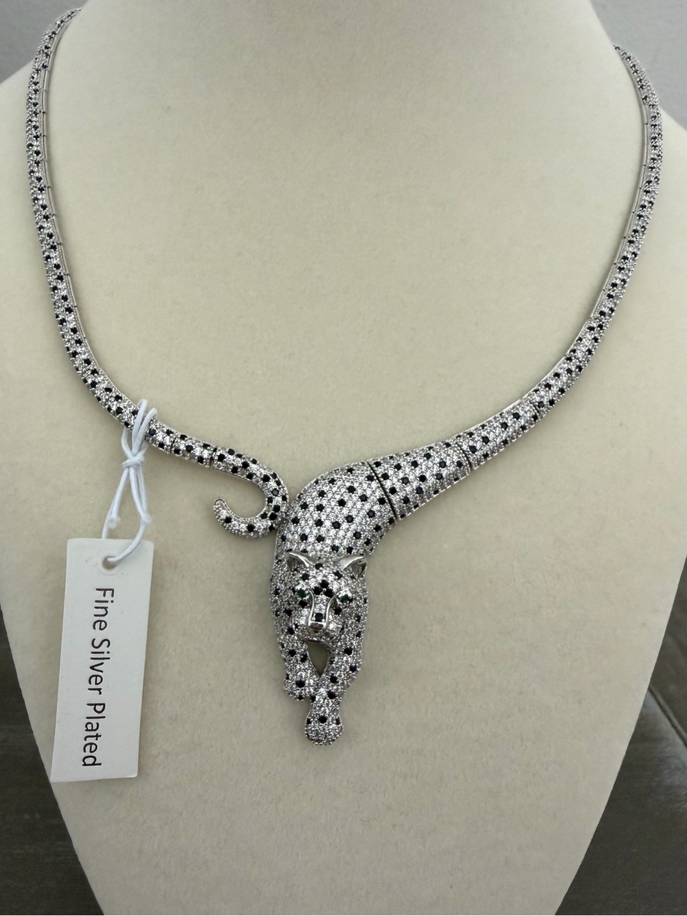 Fine Silver Plated Panther Necklace Cubic Zirconia Leopard Pendant CZ Collar NWT